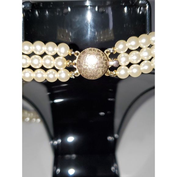Vintage Faux Pearl Necklace Choker 3 Strand Vintage Rhinestones Costume Jewelry - Picture 5 of 8